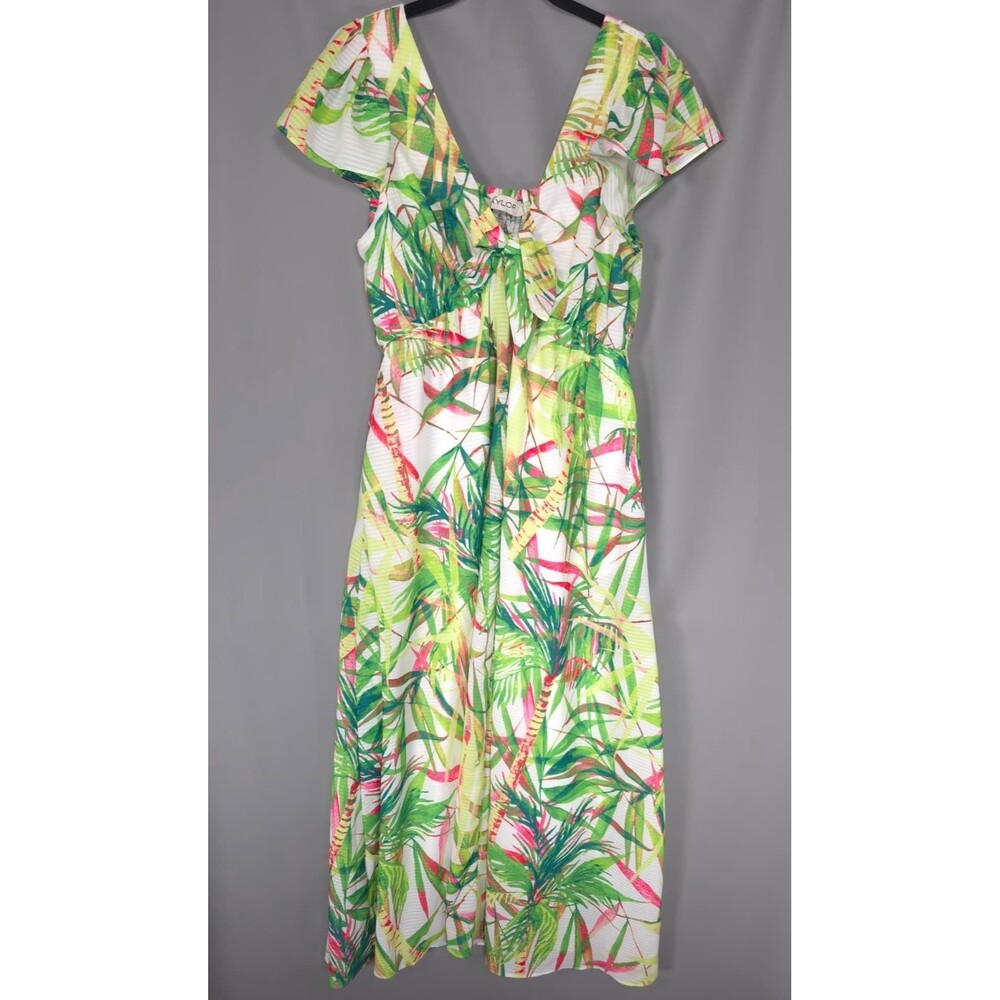 TAYLOR Women's Maxi Dress 12 Palm Floral Tie Front Flutter Sleeve Resort
